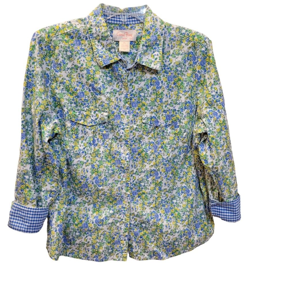 Coral Bay Petite Large Floral Button Down, Adjustable LS 100% Cotton Blouse